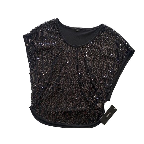Rhapsody Sheer Black Sequin Short Cap Sleeve Blouse Shirt Large - Picture 1 of 7